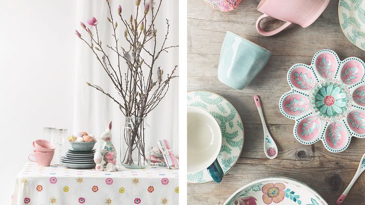 Pasteller och blommor i årets påskdukning hos Indiska