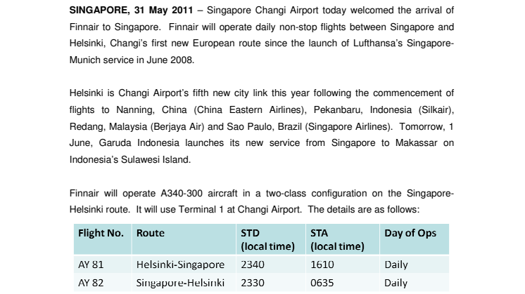 Changi Airport welcomes arrival of Finnair