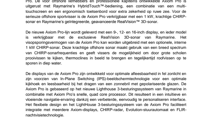 Raymarine: FLIR Systems introduceert Raymarine Axiom Pro geavanceerde MFD's