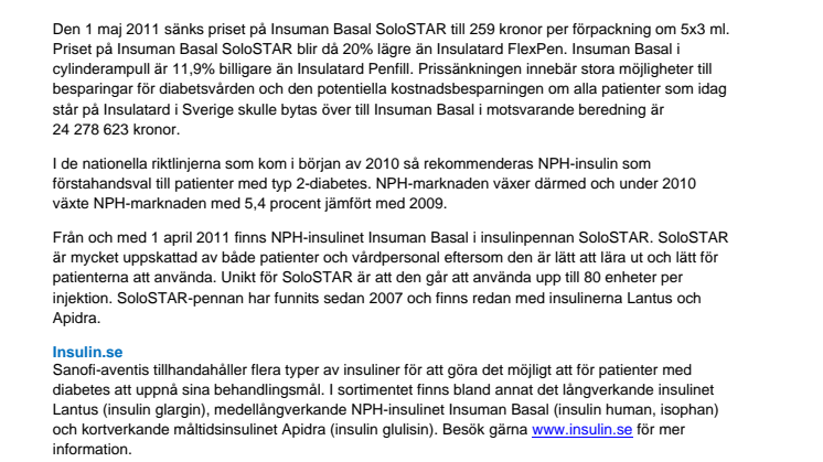 Nu blir Insuman Basal SoloSTAR det billigaste NPH-insulinet i förfylld penna