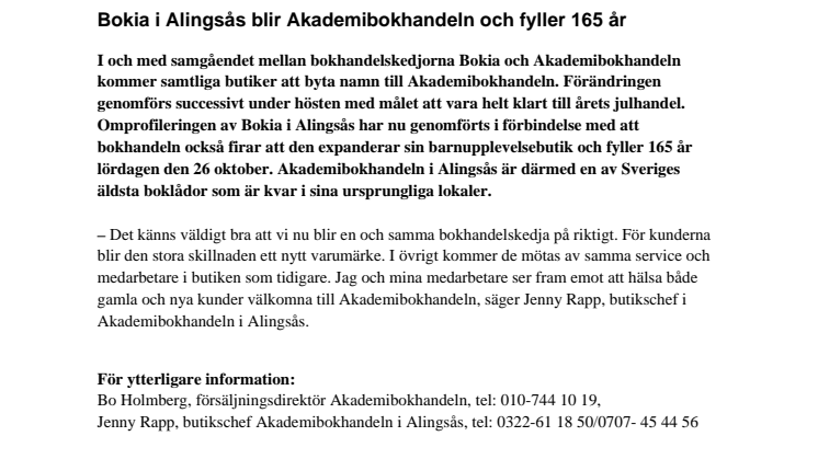 Bokia i Alingsås blir Akademibokhandeln och fyller 165 år