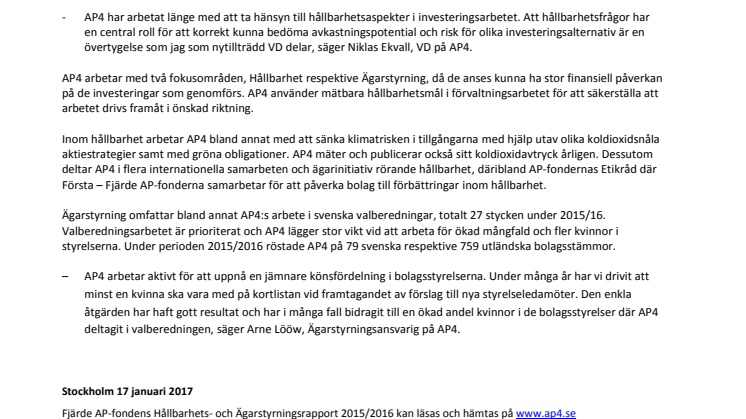 AP4 publicerar Hållbarhets- och ägarstyrningsrapport för 2015/2016