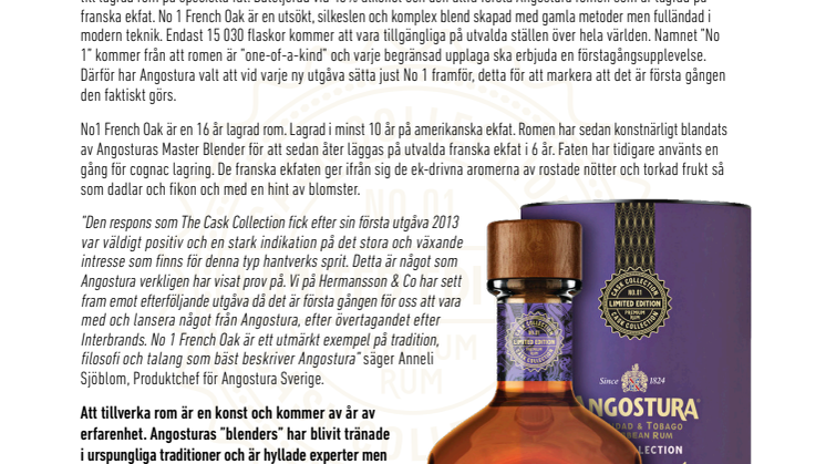 ANGOSTURA PRESENTERAR No. 1 2nd Edition Once Used French Oak “The Cask Collection” serien!
