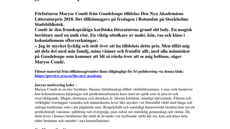 Den Nya Akademiens Litteraturpris 2018 tilldelas Maryse Condé
