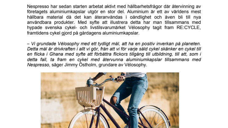 NYHET: Nespresso och Vélosophy lanserar RE:CYCLE – en cykel gjord av återvunna kaffekapslar