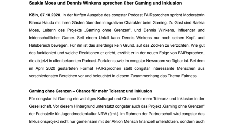 FAIRsprochen Podcast von congstar zum integrativen Charakter von Gaming 