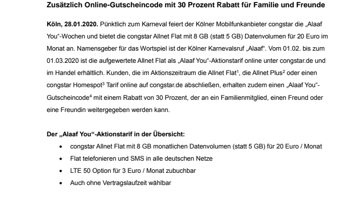 congstar sagt im Februar „Alaaf You“ und bietet die Allnet Flat mit 8 GB an