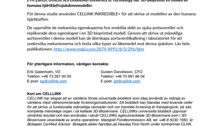 CELLINKs samarbetspartner har 3D-bioprintat humana hjärtvalvsjukdomsmodeller 