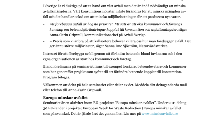 Välkommen på seminarium om beteende, kommunikation, konsumtion och  avfallsmängder 