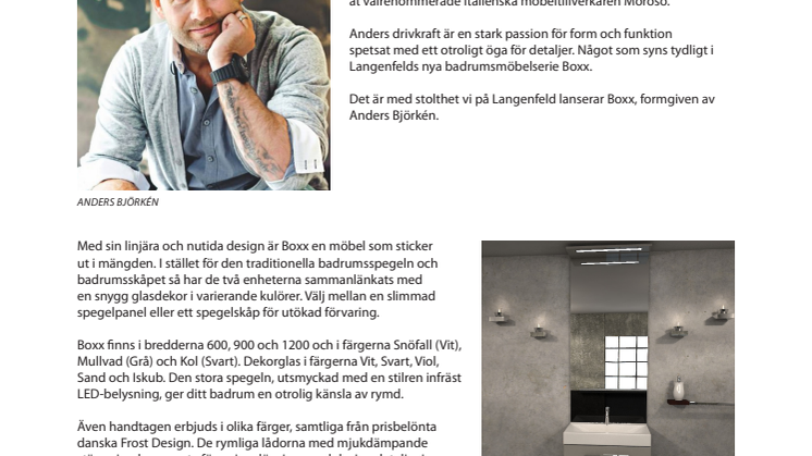 LANGENFELD LANSERAR BADRUMSMÖBELSERIE FORMGIVEN AV ANDERS BJÖRKÉN.