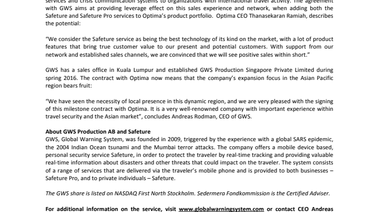 GWS’ Singapore-based subsidiary signs agreement with Optima infosystems Sdn Bhd