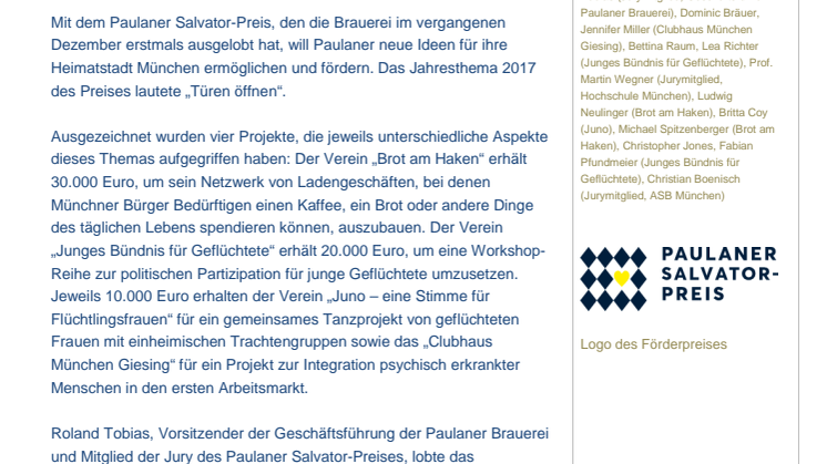 Vier Projekte erhalten den Paulaner Salvator-Preis