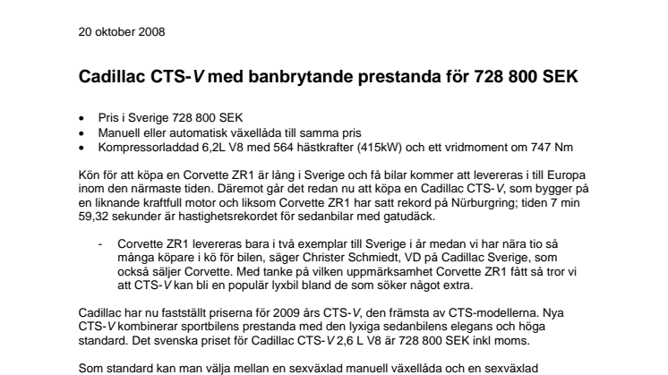 Cadillac CTS-V med banbrytande prestanda för 728 800 SEK
