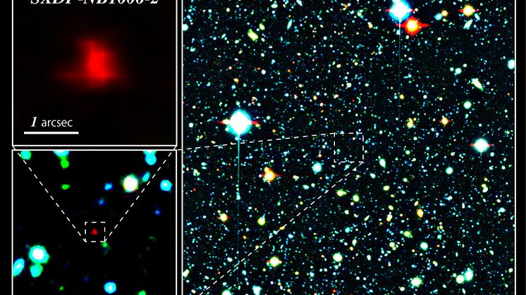 Del av Subaru XMM-Newton Deep Survey Field. Figuren visar uppförstoring av den avlägsna galaxen SXDF-NB1006-2 (rödfärgad). Bild: NAOJ