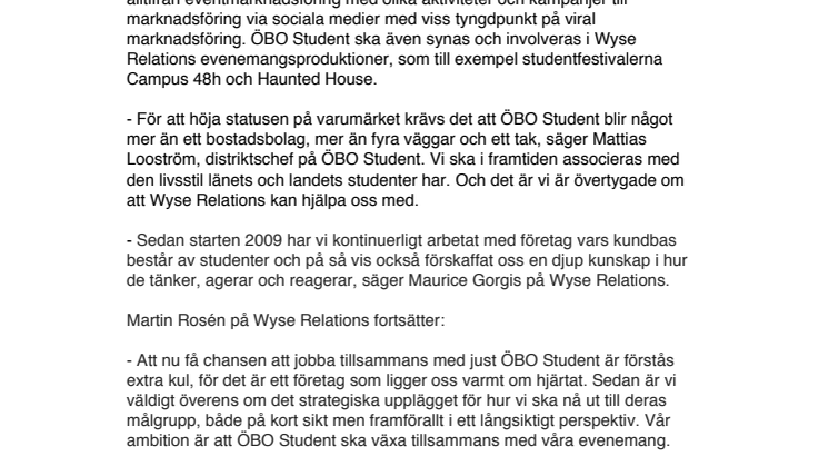 ÖBO Student vill stärka sitt varumärke på den lokala och nationella studentbostadsmarknaden - anlitar kommunikationsbyrån Wyse Relations