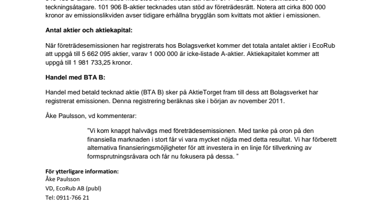 EcoRub: Företrädesemission genomförd