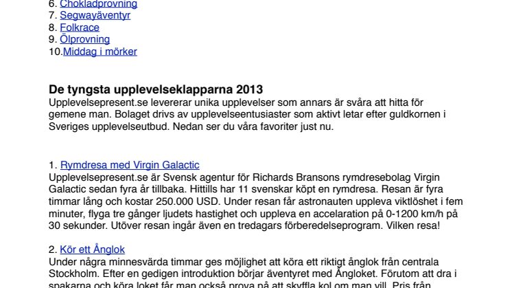 Julens populäraste upplevelser, samt förra årets topplista