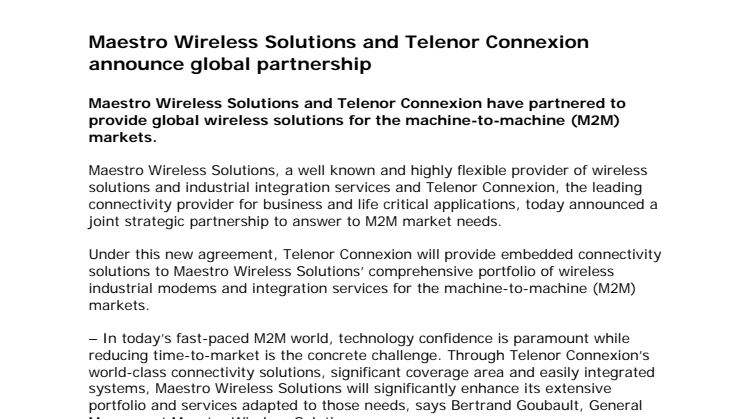 Maestro Wireless Solutions and Telenor Connexion announce global partnership