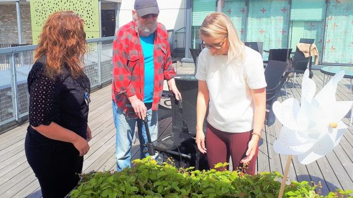 Knut H. Johansen trives godt i sin nye Omsorg+ bolig på Kampen. Her inspiserer han jordbærbeddet sammen med teamleder Janicke Winge (t.v.) og leder av bydelsutvalget i Gamle Oslo, Line Oma. Foto: Christian Boger