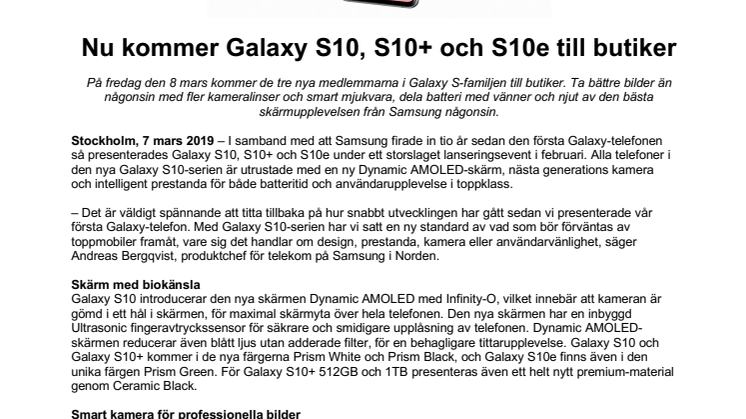 Nu kommer Galaxy S10, S10+ och S10e till butiker