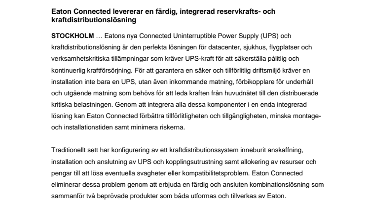 Eaton Connected levererar en färdig, integrerad reservkrafts- och kraftdistributionslösning