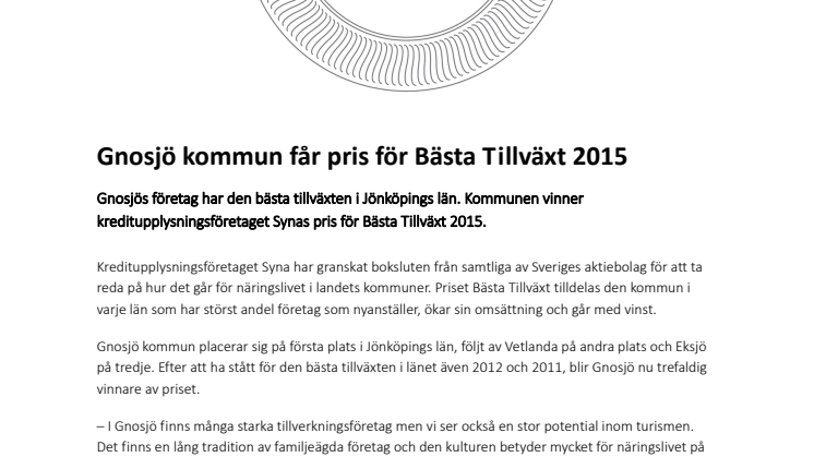 Gnosjö kommun får pris för Bästa Tillväxt 2015