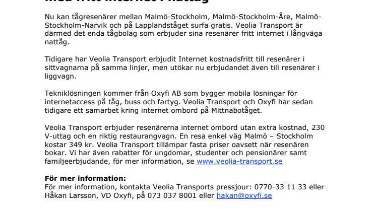 Veolia Transport först i Europa med fritt internet i nattåg