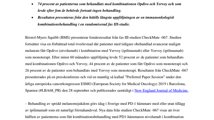 Opdivo och Yervoy i kombination visar förbättrad långtidsöverlevnad efter fem år hos patienter med avancerat malignt melanom 
