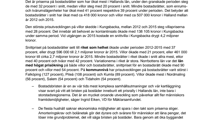 Bostadsbristen har skapat historiskt hög prisutveckling i Hallands län åren 2012-2015
