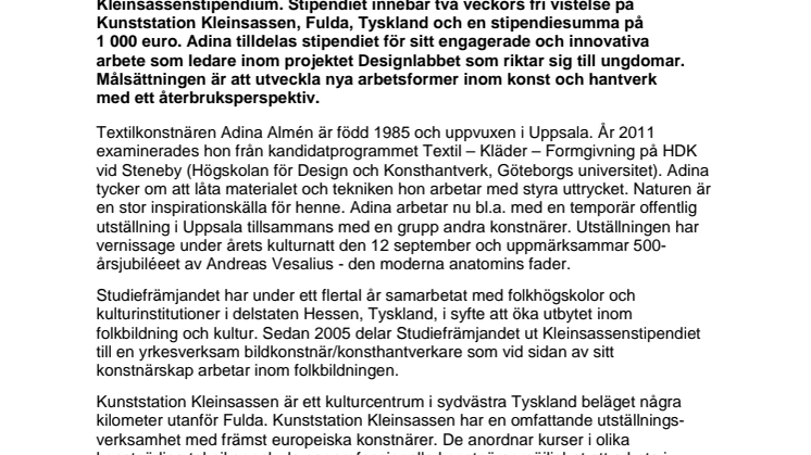 Årets Kleinsassenstipendium till konstnär Adina Almén, Uppsala