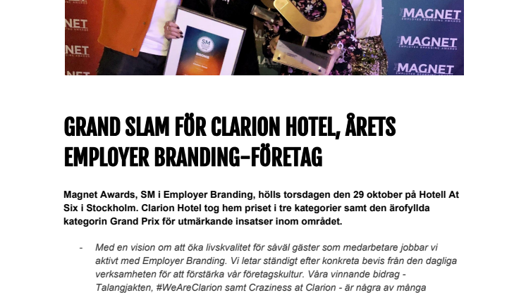 GRAND SLAM FÖR CLARION HOTEL, ÅRETS EMPLOYER BRANDING-FÖRETAG