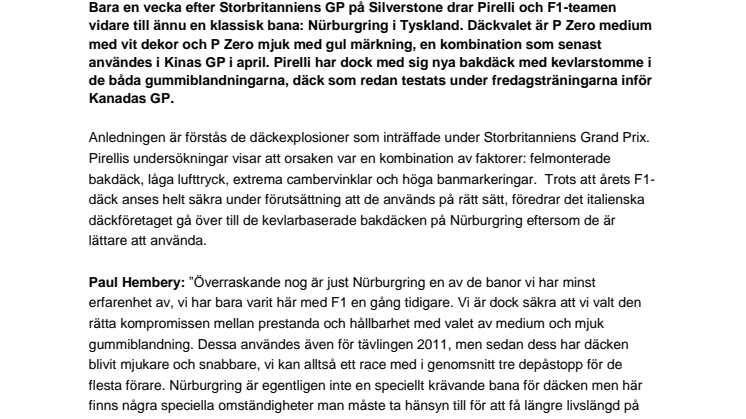 Pirelli tar med de nya F1-bakdäcken med kevlarstomme till Tysklands GP på Nürburgring