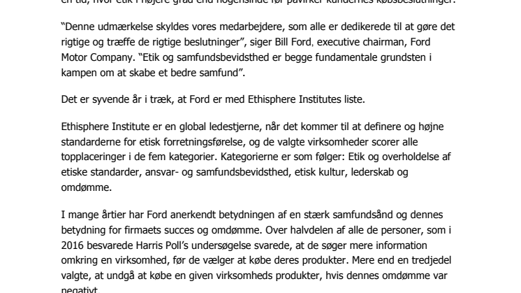 Ford er eneste bilproducent på Ethisphere Institutes liste over verdens mest etiske virksomheder