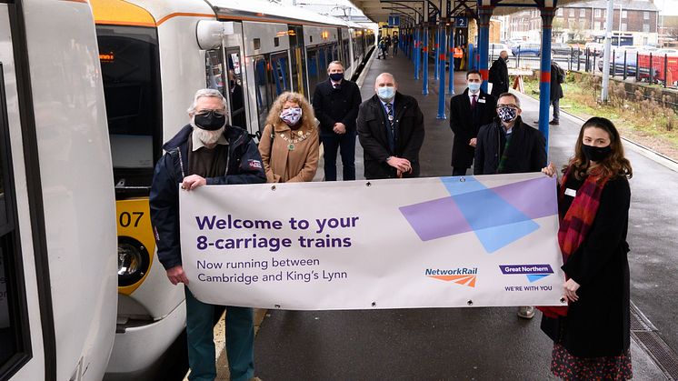 Celebrating eight carriage trains for the King's Lynn to Cambridge Fen Line at King's Lynn 11 Dec 2020