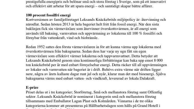 Leksands Knäckebröd nominerat till E-prize