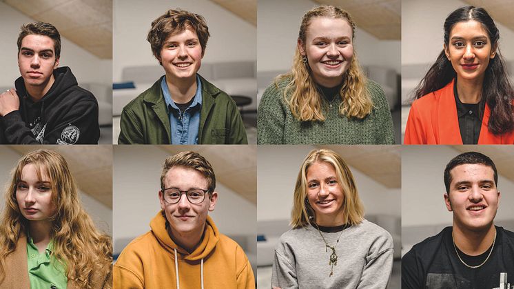 Blikkåpnerne 2020/2021: Ludvig, Michael, Mia, Mah-Noor, Evelina, Håvard, Sofia og Hasan.