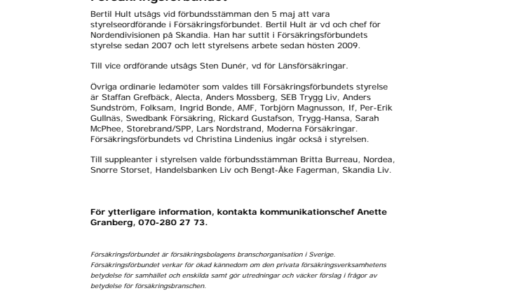 Bertil Hult styrelseordförande i Försäkringsförbundet