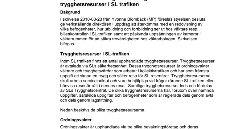 Svar från SL på Miljöpartiets frågor om befogenheter och etik för vakter i kollektivtrafiken