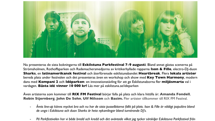 Programmet klart för Eskilstuna Parkfestival 7-9 augusti