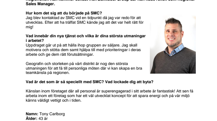 Tony Carlborg ny regionchef på SMC Automation i Borlänge