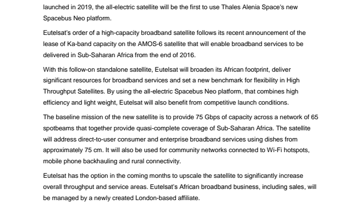 Eutelsat steps up African broadband plans with new-generation High Throughput Satellite ordered from Thales Alenia Space 