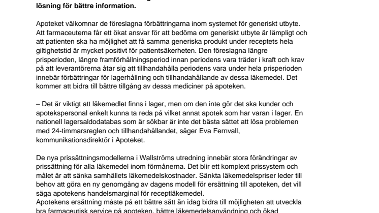 Apoteksutredningen: Apoteket välkomnar förbättringar