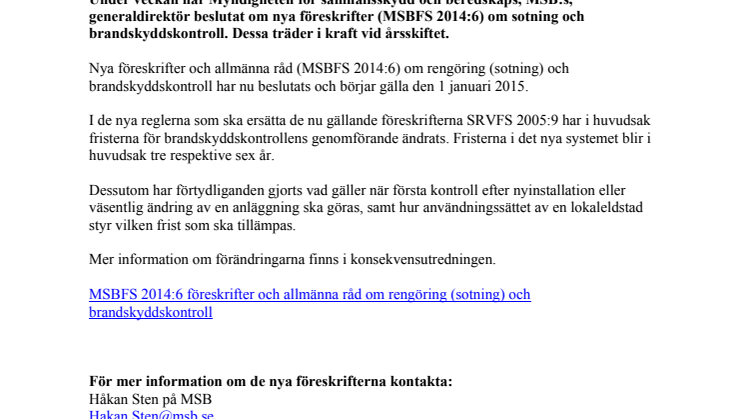 Nya föreskrifter om sotning och brandskyddskontroll