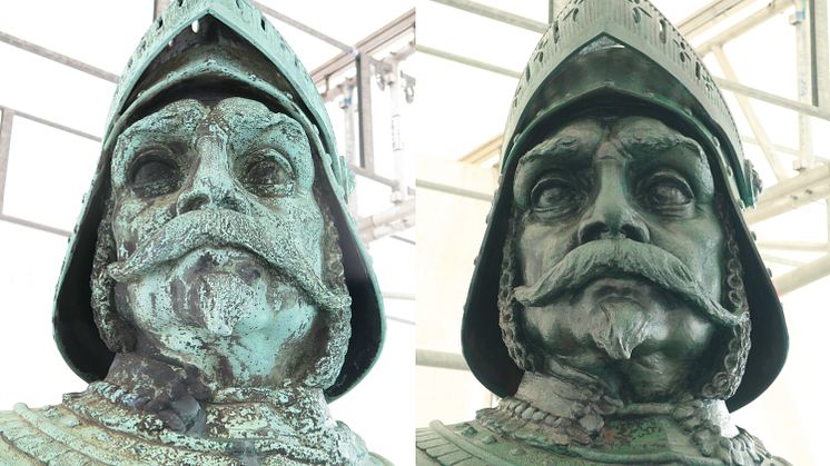 Närbild av Karl IX före och efter restaureringen. Foto: Helena Strandberg Konservator AB 