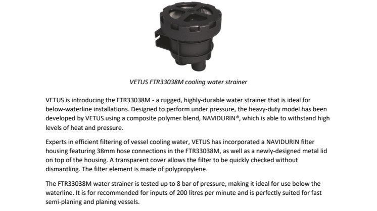 Heavy Duty FTR33038M Adds to VETUS Range of Cooling Water Strainers