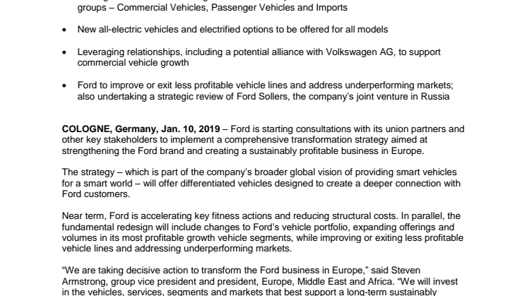 Ford to Strengthen European Competitive Position and Profitability; Sets Vision for the Future