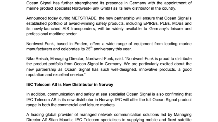 Ocean Signal Announces Appointment of Nordwest-Funk as Distributor for Germany