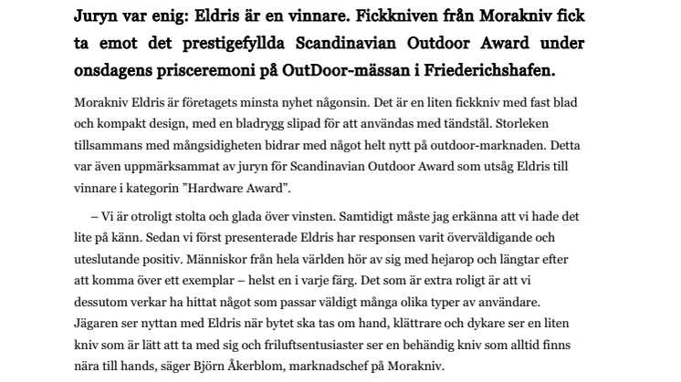 Eldris vinner Scandinavian Outdoor Award