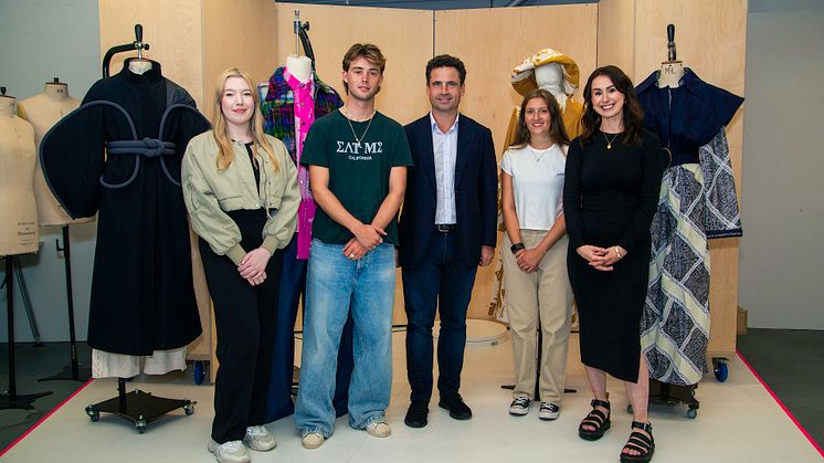Fashion graduates Emily Gibson, Will Howard-Jones, Holly Hooker and Melissa Newton with Leo Fenwick (centre)