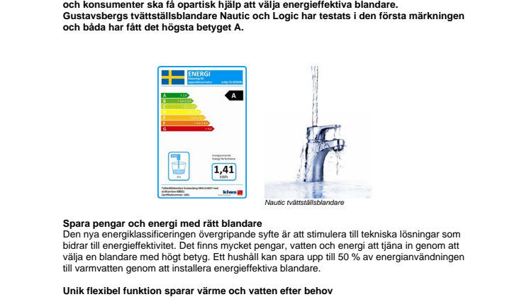 Unika funktioner ger Gustavsbergs blandare toppbetyg när köks- och tvättställsblandare får energimärkning
